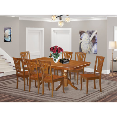 9 Piece Kitchen Table Set Includes a Rectangle Dining Table with Butterfly Leaf and 8 Dining Chairs, Saddle Brown