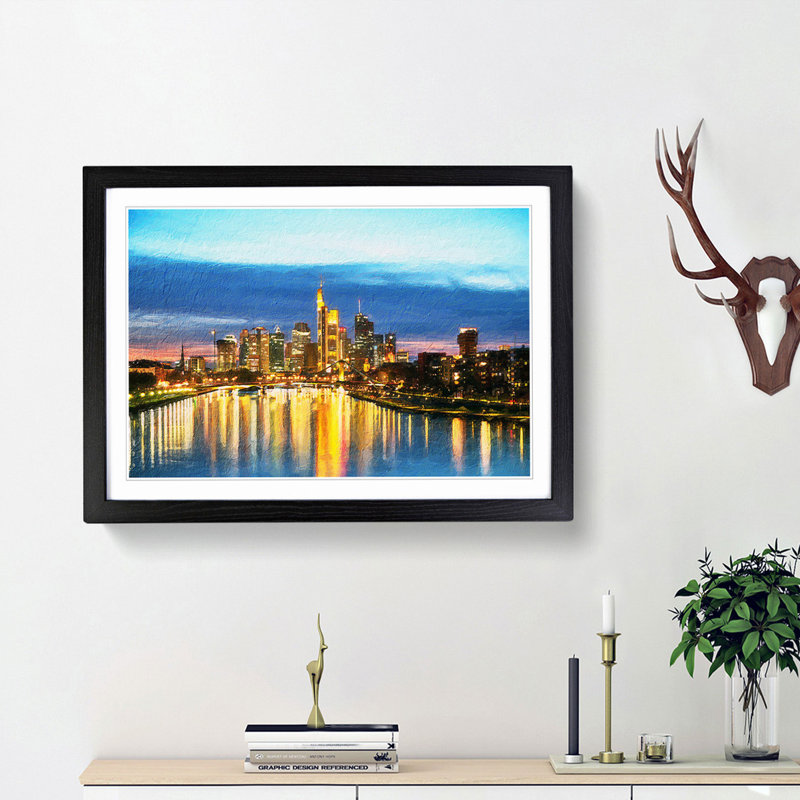 Reflections of the Frankfurt Skyline - Picture Frame Painting Print, 48cm H x 65cm W x 2cm D, Black Framed