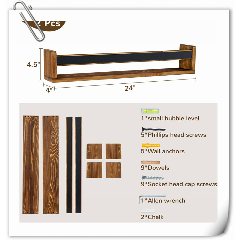 Tablette flottante en bois de pin 2 pièces Graviel, 4.5" H x 24" W x 4.7" D, Brun foncé / noir