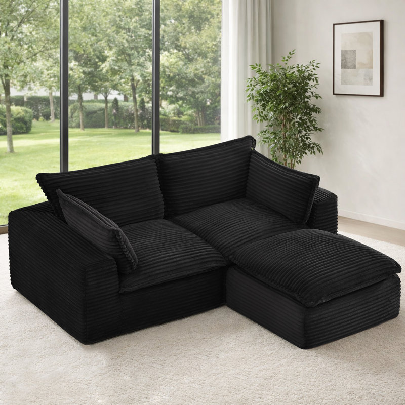 78.8"Cloud Modular Sectional Sofa With Ottoman, No Assembly Required, Black Corduroy