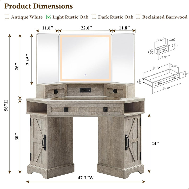 48" Corner Vanity with 3-Sided LED Mirror and Built-in Charging Station, Gray