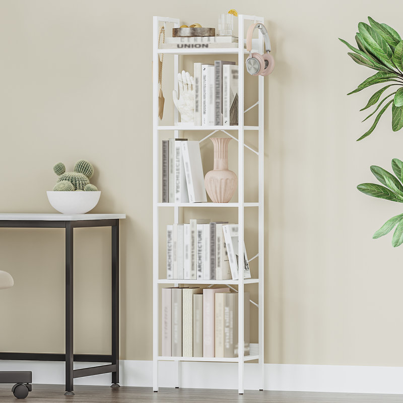 Everlene Bookshelf, Book Shelf, Industrial Bookcase with 2 Hooks, Coner Shelf Storage Organizer for Home Office, Living Room, Bedroom, Kitchen