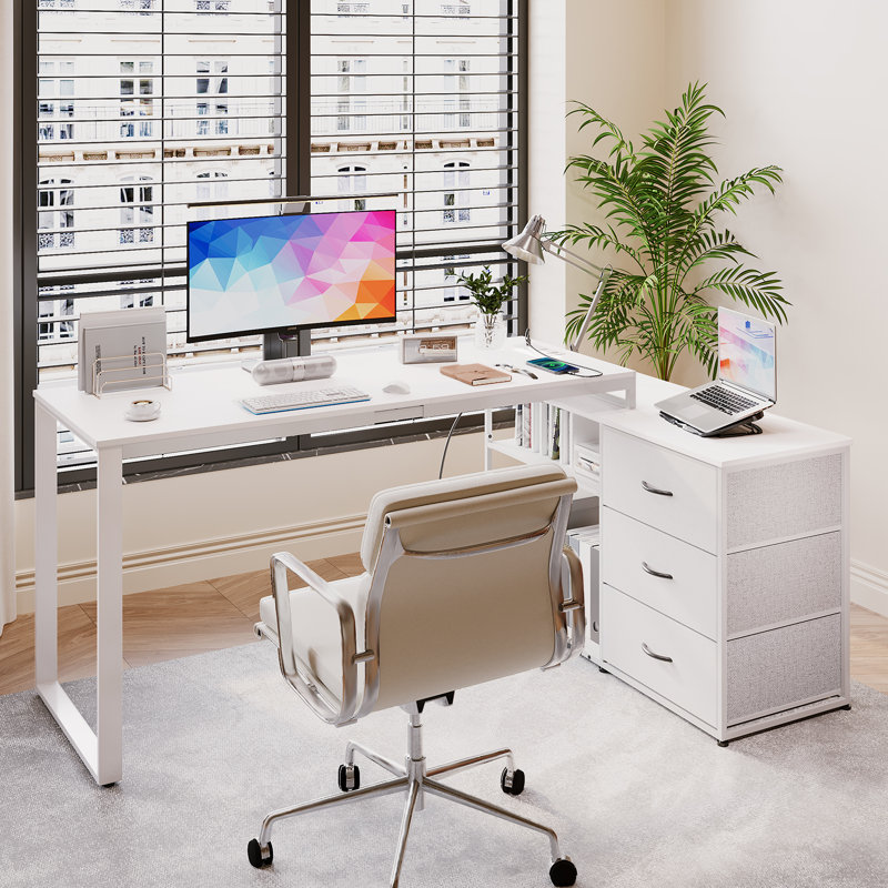 Ahriana L-Shaped Metal Base Computer Desk, White, White