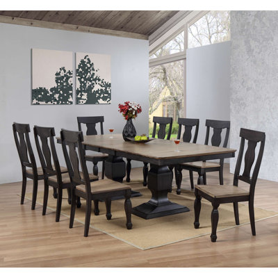 Rustic Farmhouse Dining Set with Rectangular Trestle Table and Eight Contoured Chairs
