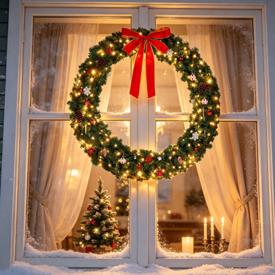 Couronne de Noël pré-illuminée de 122 cm (48 po) pour porte d'entrée, 150 lumières DEL blanc chaud, 450 branches en PVC, grand nœud rouge, télécommande avec fonction mémoire, prise américaine, décoration de Noël intérieure et extérieure pour la maison, le jardin et l'entrée.
