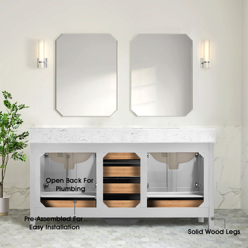 Meuble-lavabo moderne avec lavabos doubles et rangement, Gris / Nickel brossé, 72"