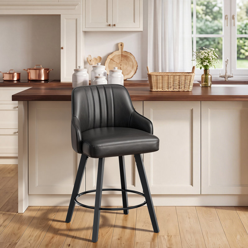 Modern Swivel PU Leather Thick Padded Cushion Bar Stool with Wood Legs, Black, 1