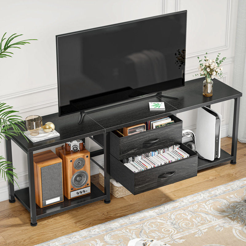 Meuble télé moderne avec éclairage DEL, 2 tiroirs en tissu et supports média, 55 ou 63 pouces, 19.69”H x 55”L x 11.81”W, Noir