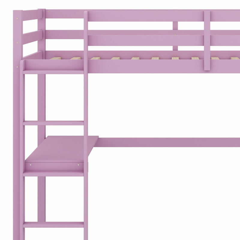 High Loft Bed, Wood Loft Bed With Safety Guardrail, Built-In Desk, Ladder, Pink