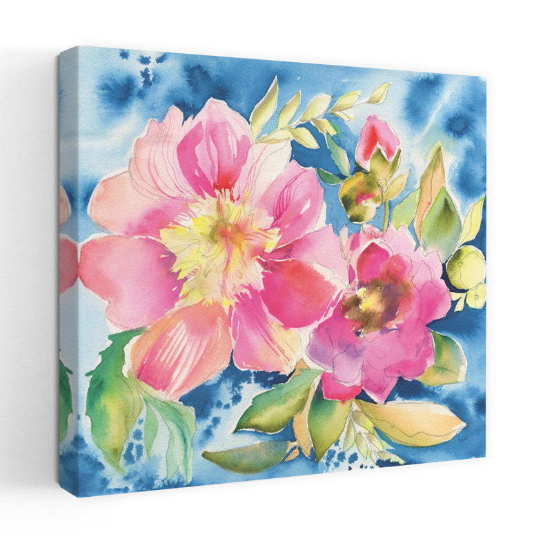 Pétales roses contemporains avec art bleu vif, H 24 po x l 24 po