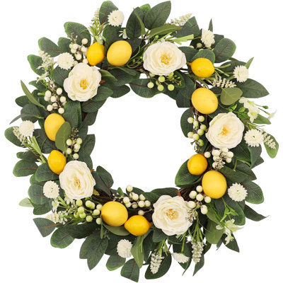 Lemon Floral Front Door Wreath With White Peonies And Eucalyptus – Summer Spring Farmhouse Indoor Outdoor Decor