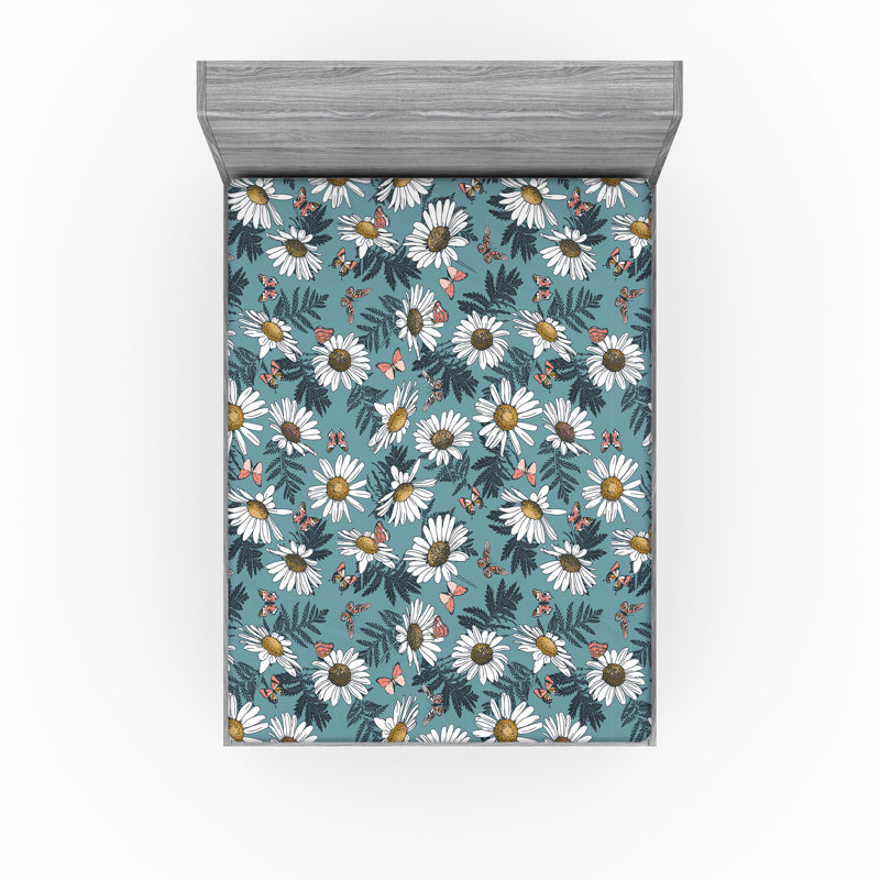 Drap-housse de camomille Ambesonne, fleurs, marguerite, art rétro, bleu, blanc, corail, Drap-housse grand