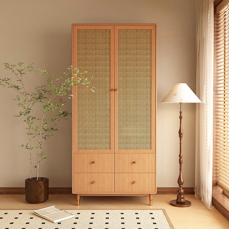 Armoire en bois et rotin avec tiroirs, H 79 po x l 40 po x P 19 po