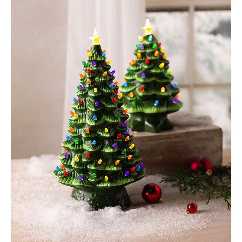 Arbre de Noël en céramique 20 po à piles avec éclairage intérieur / extérieur, Vert