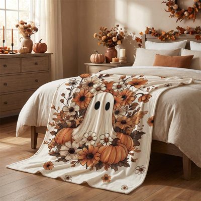 Halloween Flannel Blanket Throw,White Orange Pumpkin Flower Goblin Hallowmas Soft Fuzzy Plush Cozy Fleece Blankets for Couch Sofa Bed Decor, Ideal Gifts for Adults 30x40