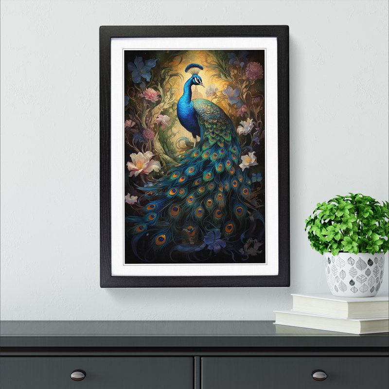 Peacock Baroque - Single Picture Frame Print on Wood, Black Framed, 64cm H x 46cm W
