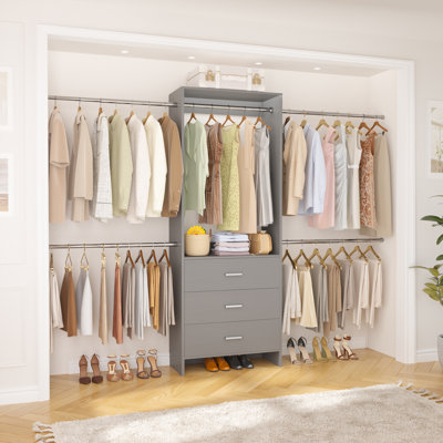 76.5"-118" W Closet System with 4 Hanging Rods and 3 Drawers