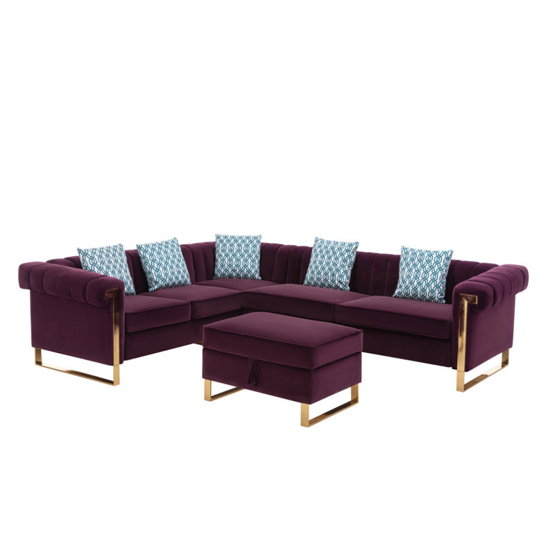 Canapé modulaire en velours moderne à 6 places avec repose-pieds de rangement 109 po Modern, Velours mauve