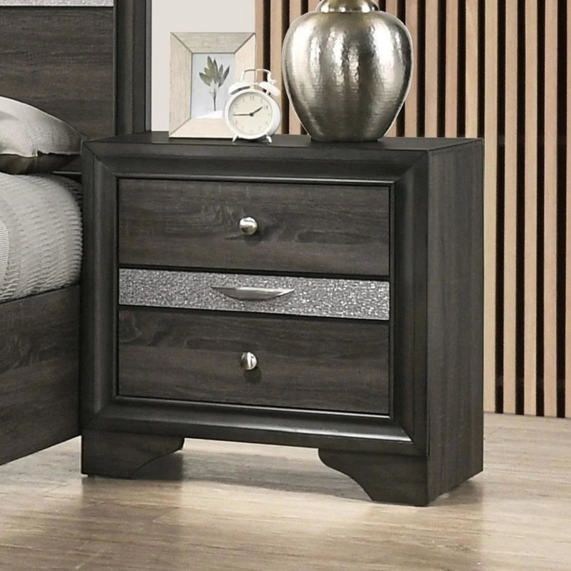 Table de chevet en bois massif gris avec 3 tiroirs - Tiroir dissimulé, un bijou de mobilier contemporain pour une esthétique moderne.