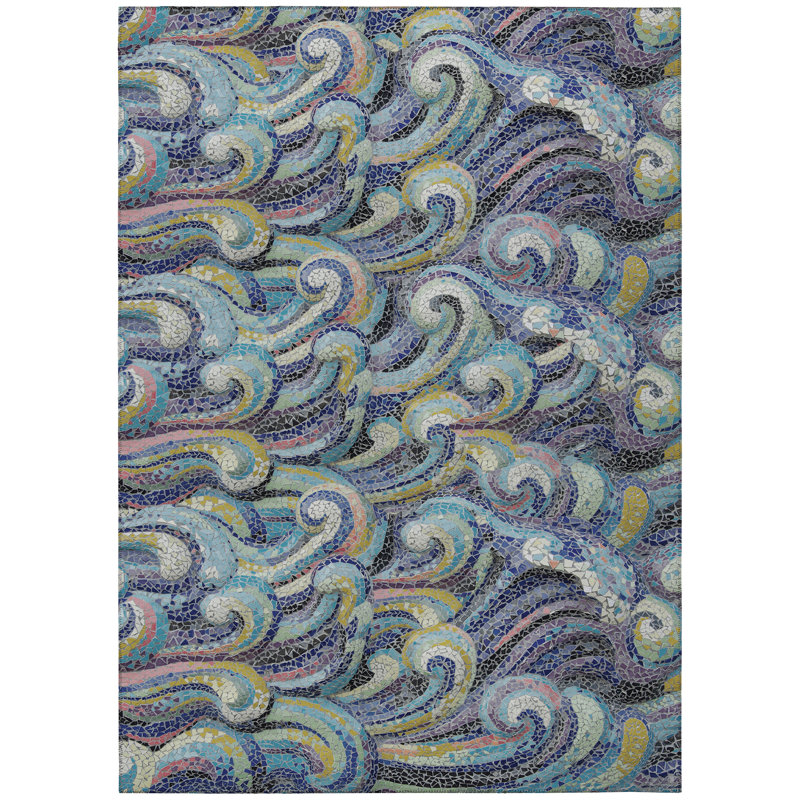 Tapis bleu / jaune en polyester tissé à la machine intérieur / extérieur Shorthill, Rectangle 3 pi x 5 pi