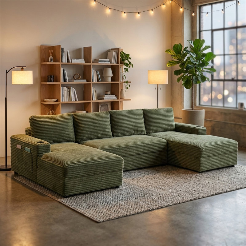 Ensemble de canapé modulaire compressible en velours côtelé, style minimaliste en forme de U, convenant aux salons, Vert