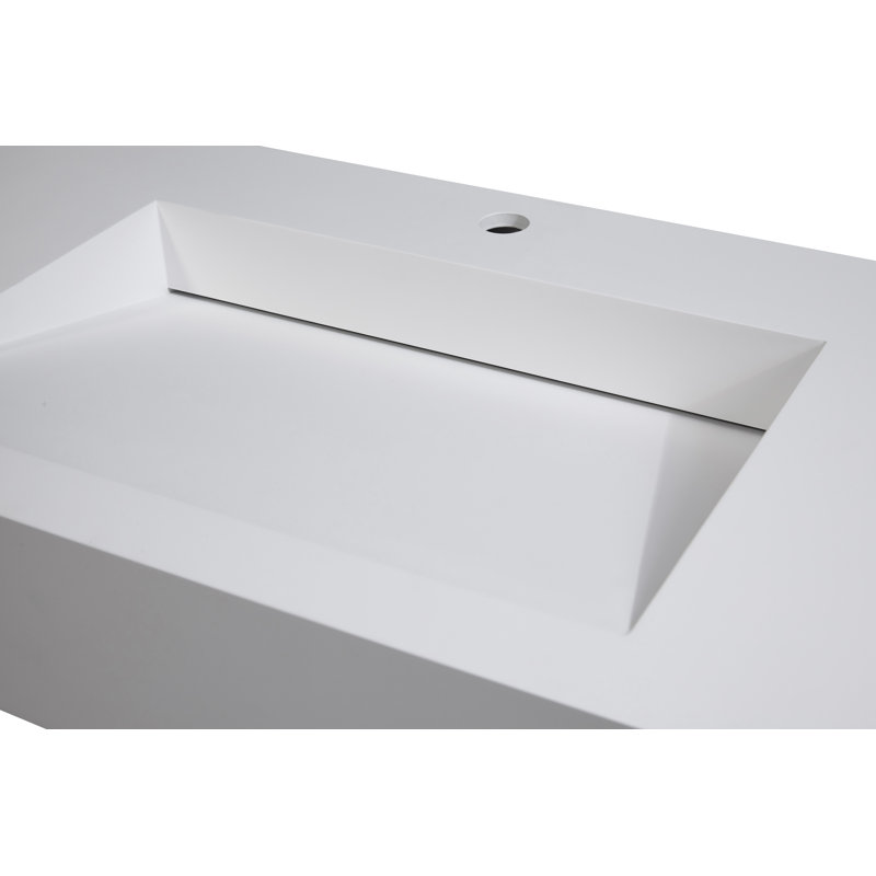 Pyramid 36" Wall Mounted Rectangular Solid Surface Bathroom Sink in Matte Finish - White, No Faucet Hole, White, No Hole