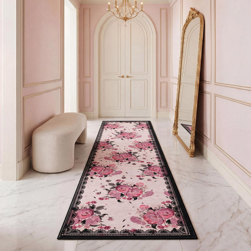  Finely Machine Washable Area Rugs, 2' x 6', Light Pink/Black