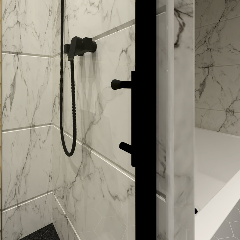 Porte de douche en aluminium avec rail supérieur, poignée en acier inoxydable 304, verre transparent traité nano, film, portes coulissantes noir mat avec système coulissant sans effort, caractéristique continue propre et trempée