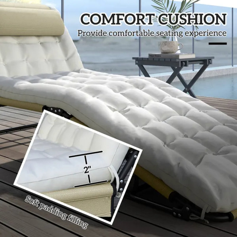 Chaise longue pliante beige avec inclinaison à 4 positions, coussin et poche latérale