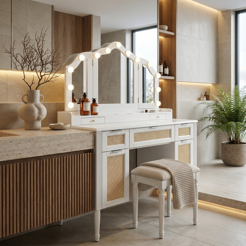 Hollywood-Style Vanity Desk with Tri-Fold Mirror and 13 LED Bulbs, White Makeup Dressing Table with 5 Drawers, Charging Station, and Shelves for Bedroom