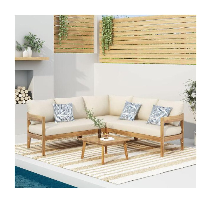 Ensemble de conversation d'extérieur 3 pièces avec cadre en bois d'acacia et coussins beiges Brooklyn