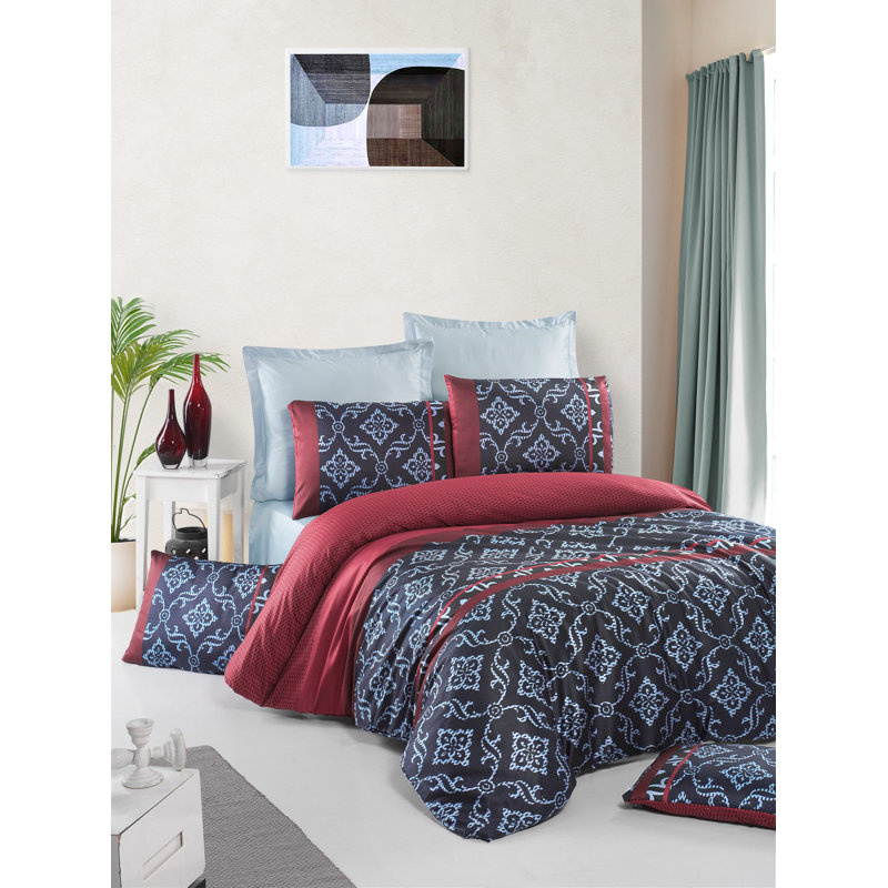Luxurious 100% Cotton Satin Double Quilt Cover Set, Red & Black & Light Blue, 78.7 x 78.7 inches | 210 Thread Count | Machine Washable at 104°F | Includes 2 Envelope Pillowcases, Elegant Button Closure Design