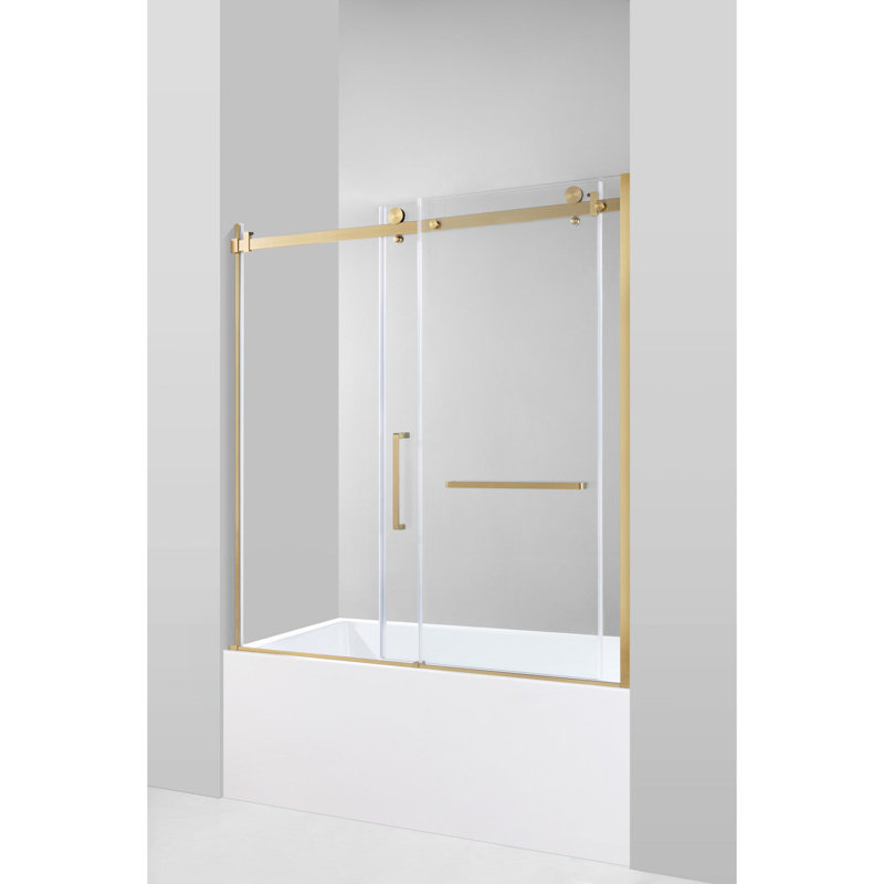Kingston Brass 60-Inch Acrylic Rectangular 3-Wall Alcove Tub With Tub Door, Hand Drain, Brushed Brass, Right