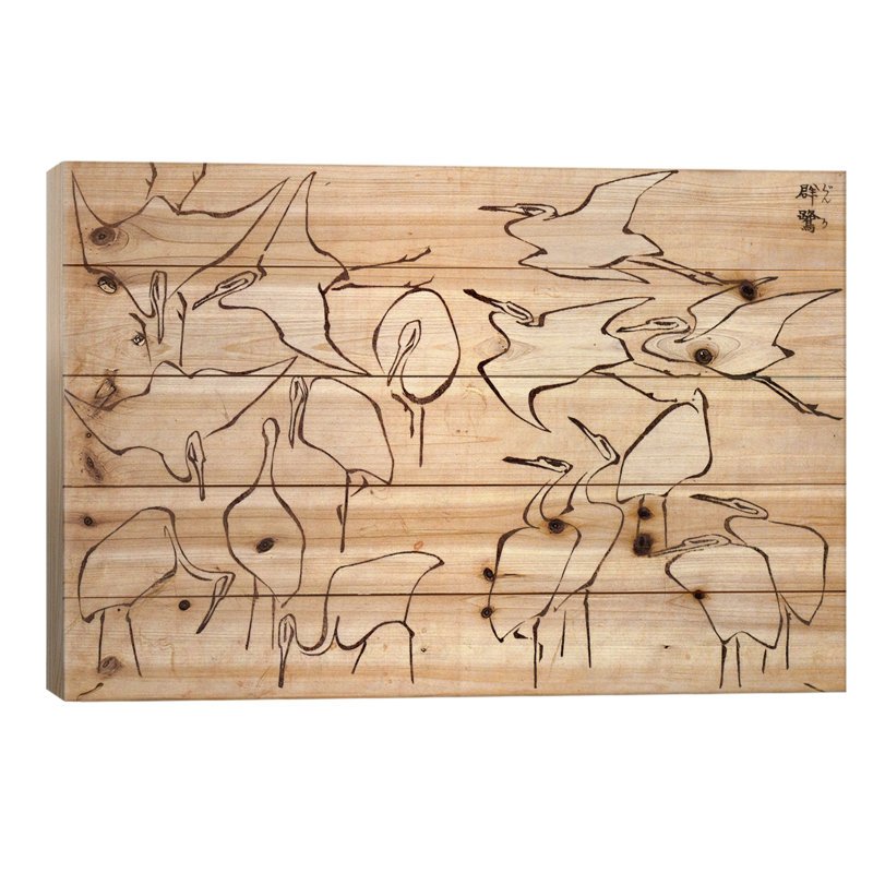 Cranes par Katsushika Hokusai - Estampe numérique sur toile tendue avec châssis, H 18 po x l 26 po x P 1,5 po, Non mat, Bois