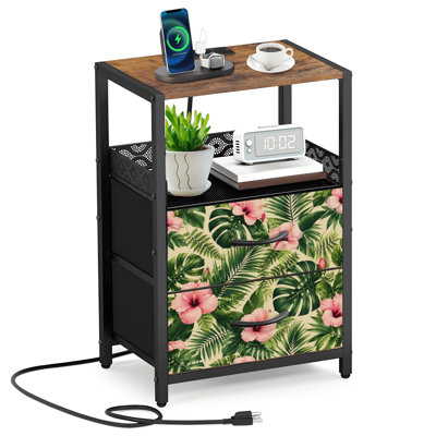 Table de chevet 2 tiroirs en tissu avec station de charge avec feuilles de palmier tropicales et feuilles d'hibiscus roses
