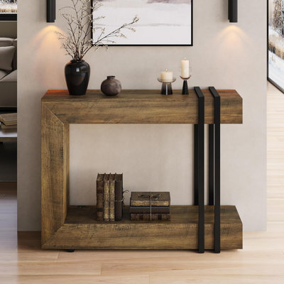 Console 42,5 po en bois étroit avec rangement à 2 niveaux, brun noyer