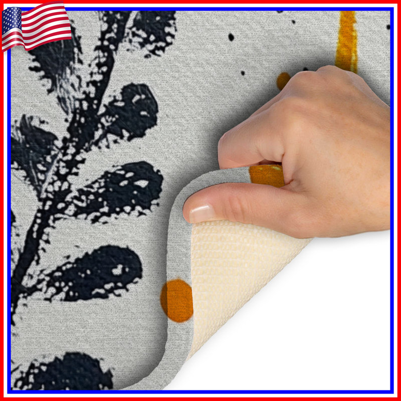 Tapis de bain floral, Simple - L 24 po x l 17 po, Blanc / orange / motif floral noir