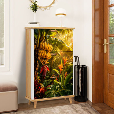 Rangement pour chaussures avec 3 tiroirs rabattables pour bananier tropical, verdure, oiseaux, fleurs, étagère de rangement pour chaussures Sunlit Jungle