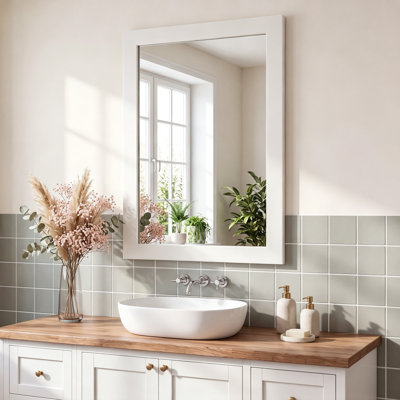 Solid Wood Frame Accent Mirror Bathroom Mirror, Wood Frame Wall Mounted Vanity Mirror, Farmhouse Industrial Rectangle Wall Mirror for Bathroom