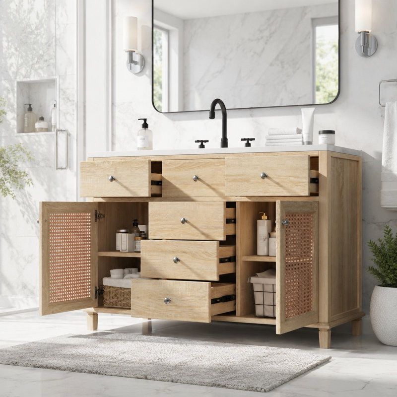 Meuble-lavabo en bois naturel avec lavabo, rangement à fermeture en douceur et armoires en rotin