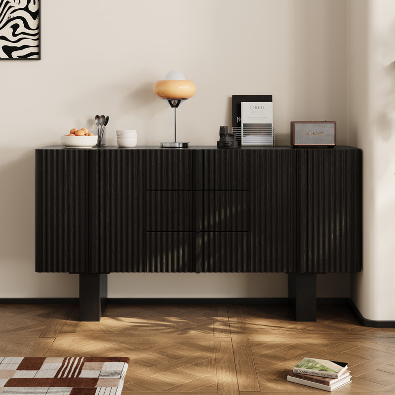 Buffet 63 "en bois cannelé avec bord incurvé et 3 tiroirs, Noir