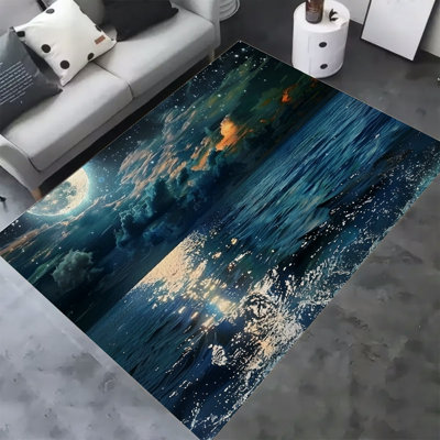 Tapis de sol en velours doux et moelleux, motif lune, étoiles et océan, idéal pour le salon et la chambre. Antidérapant et lavable, il s'agit d'un tapis de 79 x 122 cm (2,6 x 4 pieds) au design moderne et minimaliste.
