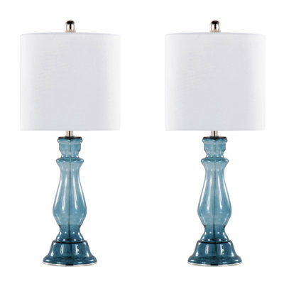 Bishop 25'' Contemporary Glass Table Lamp Set of 2 - Clear Angel Blue Seeded Glass with White Linen Shade, Polished Nickel Finish by Grandview Gallery