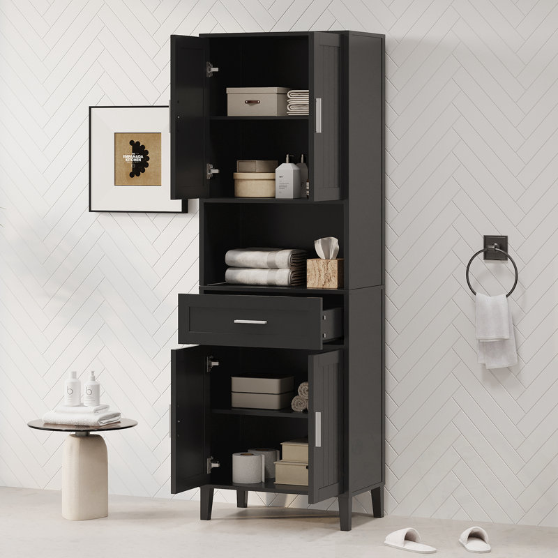 Grande armoire de salle de bain avec tiroir, 4 portes à fermeture douce et rangement ouvert