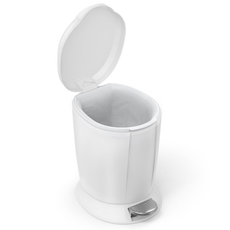 Compact White Plastic Bathroom Step Trash Can with Steel Pedal