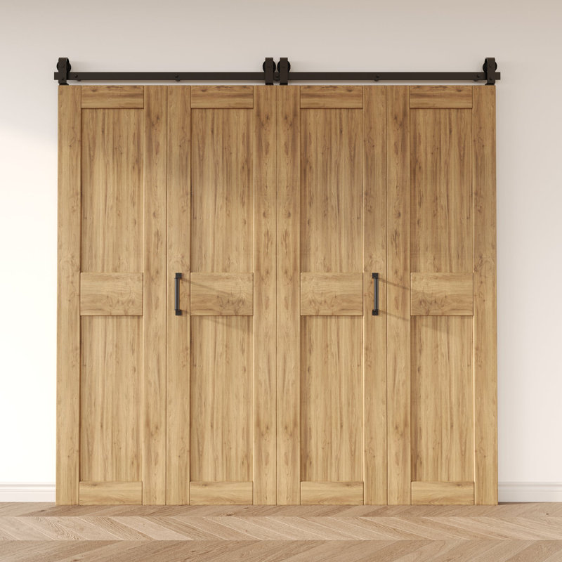 Quincaillerie de porte de grange coulissante bi-pliante pour montage sur le dessus à quatre portes - Rouleau en forme de T (portes non incluses)