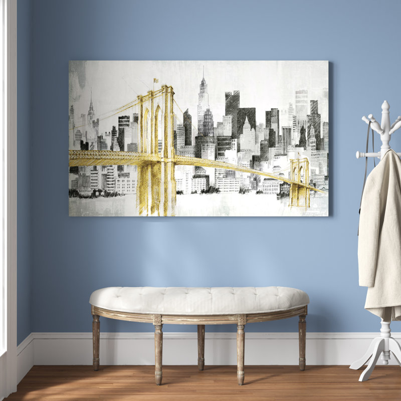 New York Skyline I, pont jaune - Peinture, Toile tendue, H 36 po x l 60 po, Sans cadre