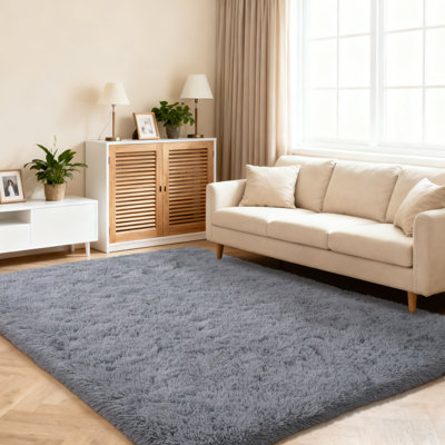Shag Area Rugs 5x7 ft, Light Grey Fluffy Rug for Living Room, Non-Slip Shag Carpet for Bedroom Nursery Kids Play Room Dorm Office