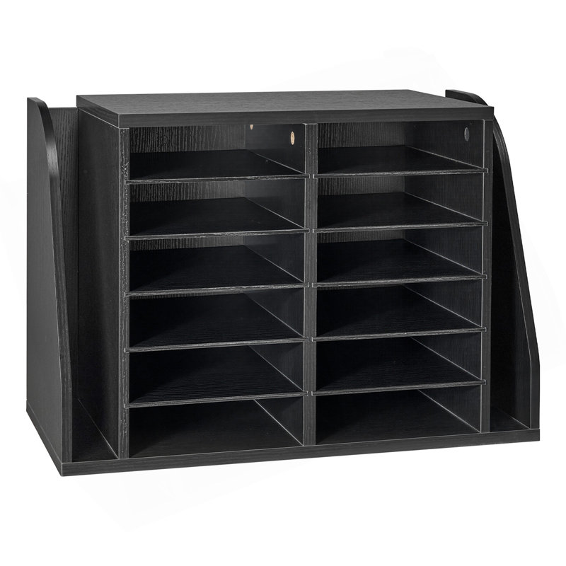 Organisateur de documents, boîte aux lettres de bureau à 12 compartiments avec rangement vertical sur le côté, trieur de boîtes aux lettres en bois en panneau de particules, organisateur de bureau de bureau pour classeur, document, papier, noir