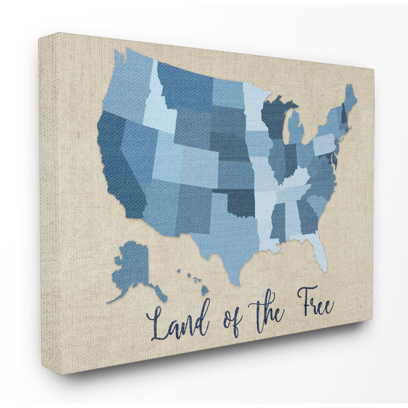 "land of the free denim map" , art textuel encadré, H 16 po x l 20 po, Toile tendue